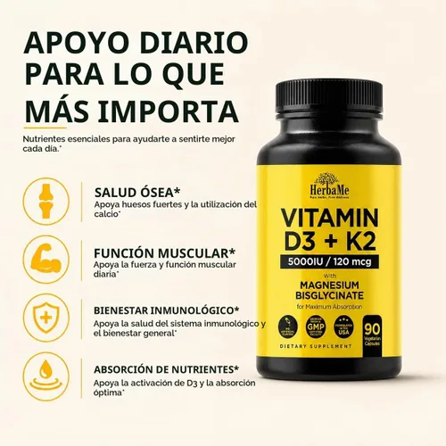 Vista 6 de HerbaMe Vitamina D3 5000 UI + K2 con fórmula de bisglicinato de magnesio