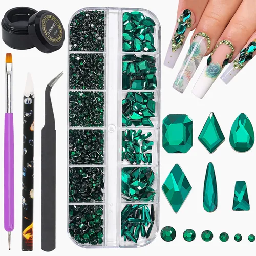 Vista 7 de Kit de diamantes de imitación para uñas, 1500 piezas de diamantes de imitación redondos con parte trasera plana, gemas de uñas AB multiformas, 0.3
