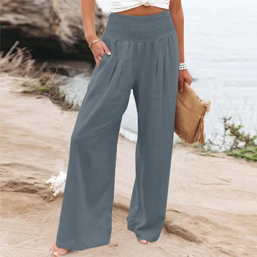 Vista 2 de DOLKFU Pantalones de lino para mujer, talla grande, pierna ancha, pantalones de verano de cintura alta, holgados, casuales, cómodos, pantalones