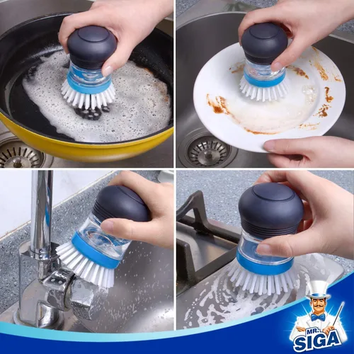 Vista 6 de MR.SIGA Cepillo dispensador de jabón, cepillo de cocina para limpiar platos, ollas, sartenes, fregaderos, paquete de 2, azul marino/azul