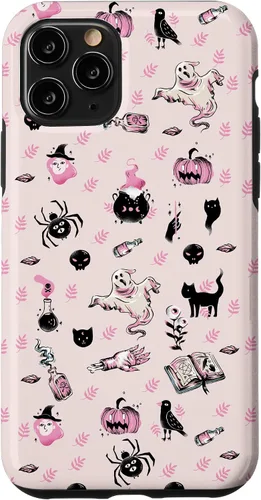 Vista 27 de iPhone 16 Vintage Halloween Case Pumpkins Ghosts Witch Skulls Pink Case