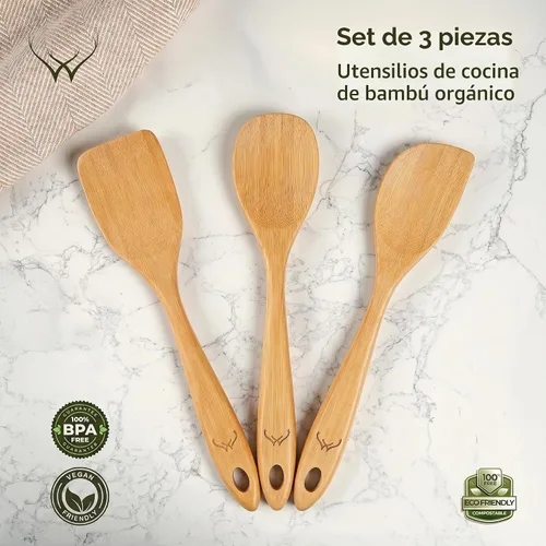 Vista 2 de Prime - Juego de 3 cucharas de madera de bambú para cocinar, utensilios de cocina de madera con mango largo, incluye cuchara plana de madera