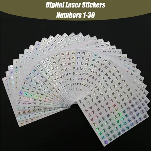 Vista 5 de 30 hojas de 1 a 30 calcomanías reflectantes impermeables con números láser, calcomanías redondas autoadhesivas/inventario/etiqueta organizadora