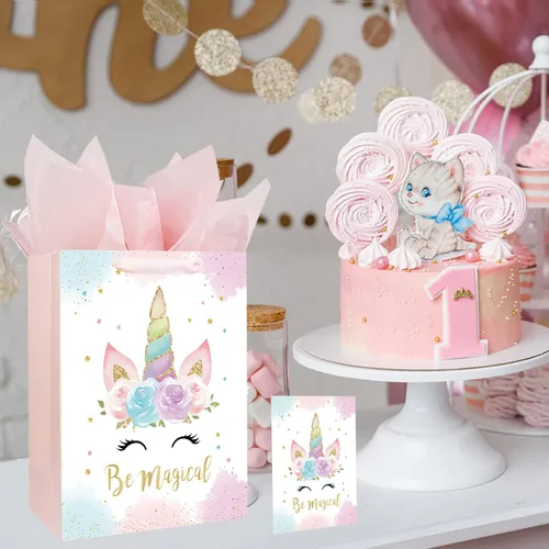 Vista 5 de Bolsa de regalo de unicornios grandes de 13 pulgadas para cumpleaños, baby shower, bolsa de regalo para niña con tarjeta y papel de seda, diseño