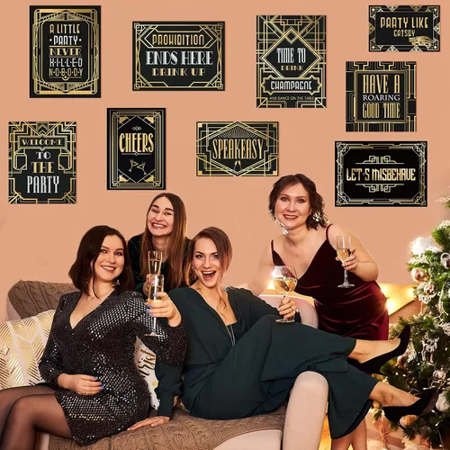 Vista 3 de 9 piezas de decoraciones de fiesta de los años 20 en negro y dorado retro para fiesta de jazz de los años veinte, kit de decoración para fiestas
