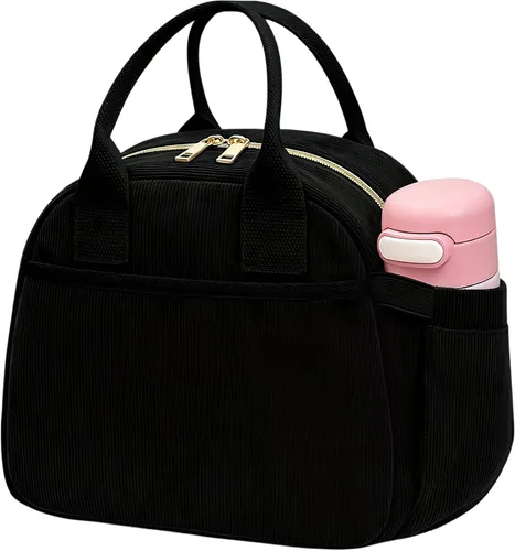 Vista 16 de Carry bloom Lonchera para mujer, lonchera aislada, bonita lonchera de pana reutilizable para el trabajo (1 rayas blancas y negras)