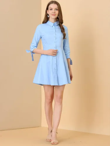 Vista 3 de Allegra K Vestido camisero de algodón con botones y cuello vuelto para mujer