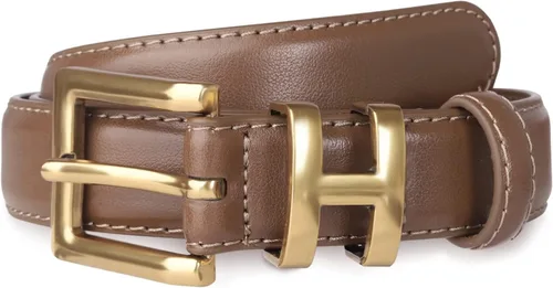 Vista 82 de Cinturón de cuero clásico con hebilla de metal para mujer con vestido de jeans