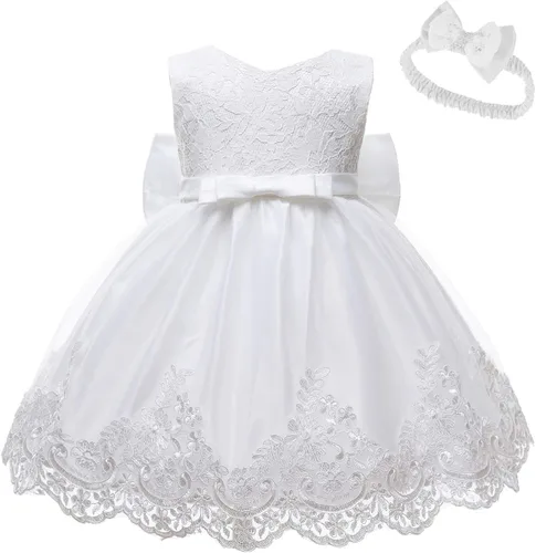 Vista 2 de Vestido de encaje con lazo de flores para bebé, princesa, boda, cumpleaños, concurso, bautismo, bautizo, tutú con gorro