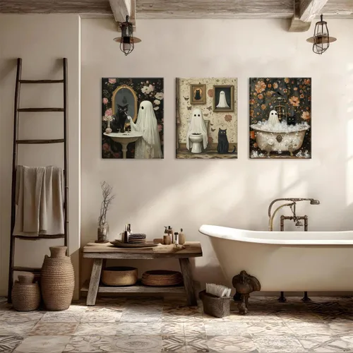 Vista 3 de Juego de 3 arte de pared de fantasmas de Halloween para baño, divertido gótico, decoración de pared de academia oscura, fantasma de terror y gato