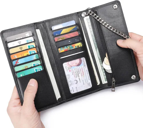 Vista 3 de NIUCUNZH Cartera de cuero genuino para hombre con cadena RFID Trifold Biker