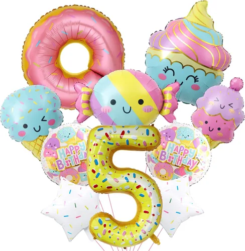 Vista 12 de 10 globos de helado, globos de papel de aluminio Mylar con número de dona de caramelo, temática de helado, suministros de fiesta de primer cumpleaños