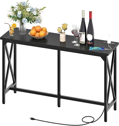 Vista 9 de CHOEZON Mesa de bar de 55 pulgadas, mesa de comedor de cocina con toma de corriente y reposapiés, estilo industrial, para pub, sala de estar, marrón