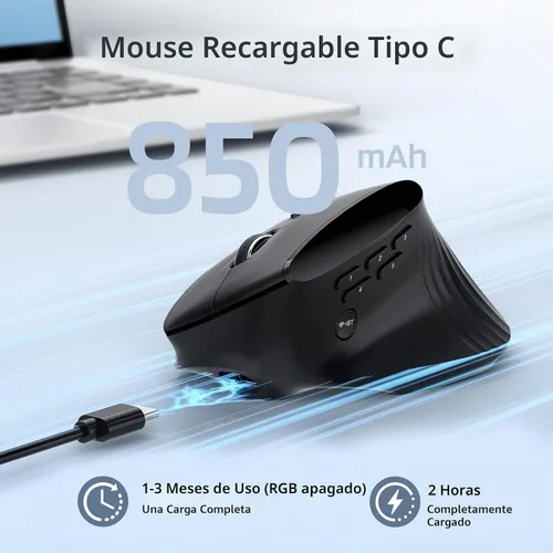 Vista 4 de LTC GM051 Ratón ergonómico vertical inalámbrico – 8K DPI óptico, 9 botones programables (5 lados), recargable 850mAh, Bluetooth