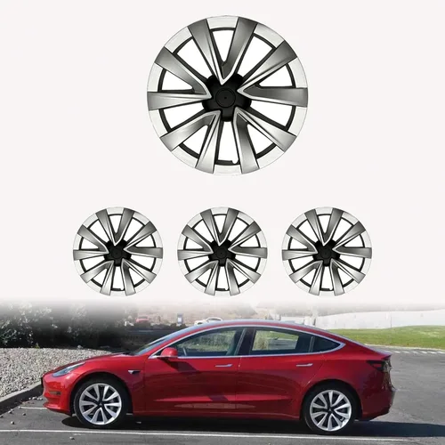 Vista 8 de KAVANIC 4 piezas de tapacubos para Tesla Model 3, cubiertas de rueda de 18 pulgadas, tapa de rueda mate negra con logotipo de estilo arácnido