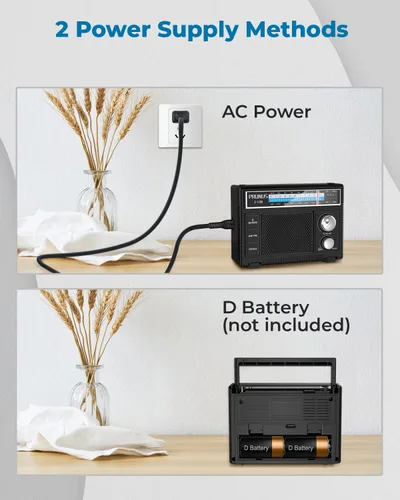 Vista 3 de PRUNUS J-136 Radio AM FM portátil con la mejor recepción, funciona con pilas D o enchufe en la pared, radio transistor, soporte de altavoz AUX