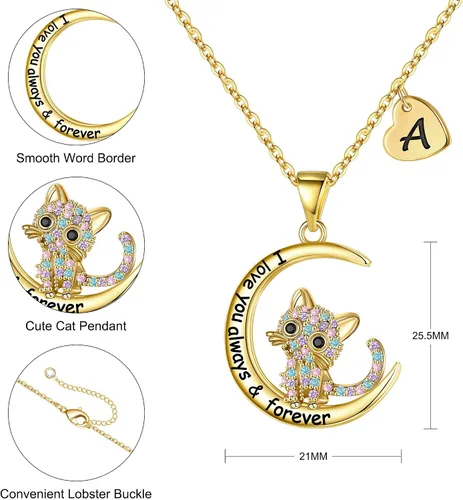 Vista 5 de IEFWELL Regalos de gatos para amantes de los gatos, collar de gato chapado en oro de 16 quilates con circonita cúbica colorida, collar con inicial