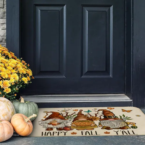 Vista 6 de AnyDesign Happy Fall Y'all - Felpudo de otoño, gnomo, girasol, mariposa, tapete de entrada con goma antideslizante para cosecha de otoño, alfombra