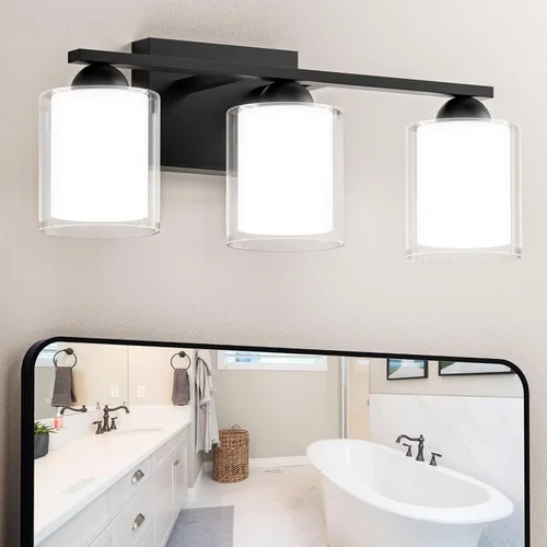 Vista 21 de Quntis Lámparas de baño de níquel cepillado con 5 modos de color, lámpara de tocador de baño moderna regulable de 3 luces sobre espejo, lámpara