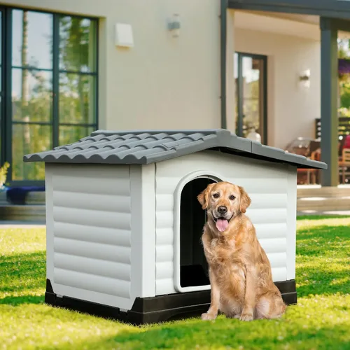 Vista 3 de YITAHOME Casa para perros grande de 2 puertas con base elevada y cojín, casa de plástico para perros pequeños y medianos, fácil montaje, impermeable