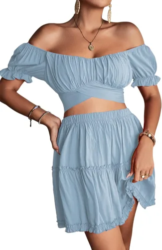 Vista 5 de LYANER Conjunto de 2 piezas para mujer con estampado floral y hombros descubiertos y minifalda