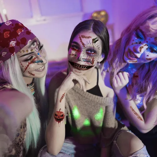 Vista 6 de Maquillaje de broma de Halloween, tatuaje temporal, 26 piezas de tatuajes temporales de Halloween para adultos, tatuajes de boca de Halloween