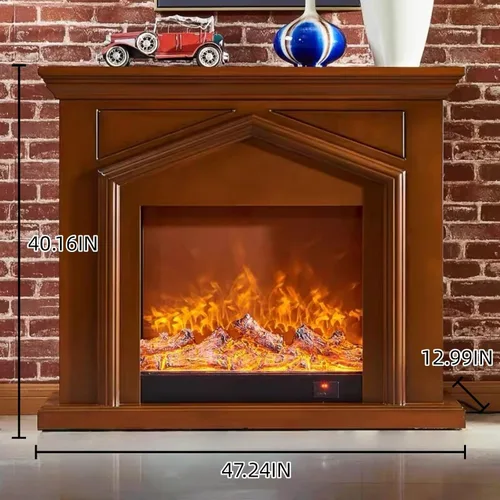 Vista 2 de Chimenea eléctrica independiente con repisa de 47 pulgadas (llama realista) (forma de techo) marrón moderno soporte de TV Chimenea para Sala