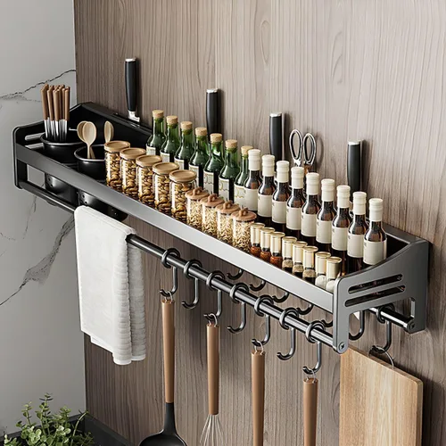 Vista 5 de Wall Stainless Steel Storage Rack Gray with Hooks Kitchen Wall-Mounted No Drilling Required, Multi-Functional Knife Kitchen Storage Stainless Steel