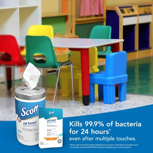 Vista 7 de Scott Toallitas desinfectantes 24 horas – Limpieza y desinfección multisuperficie, desinfección continua durante 24 horas – (41526), 50 paquetes x