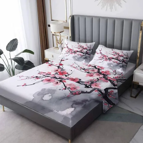 Vista 10 de Juego de sábanas de tamaño individual con estampado de flor de cerezo, sábanas japonesas de microfibra suave, bolsillo profundo, sábanas y fundas