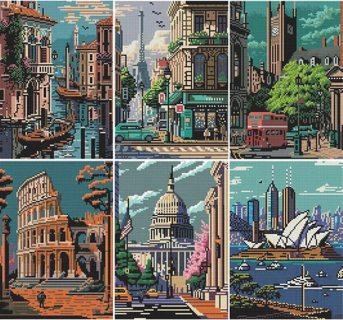 Vista 2 de CYNART Paquete de 6 kits de pintura de diamantes de paisaje para adultos y principiantes, kits de arte de diamantes de fama mundial para adultos
