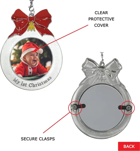 Vista 6 de Adorno fotográfico de la primera Navidad del bebé con un dije de 2025 - Con forma de bombilla con purpurina blanca y lazo rojo - Bolsa incluida