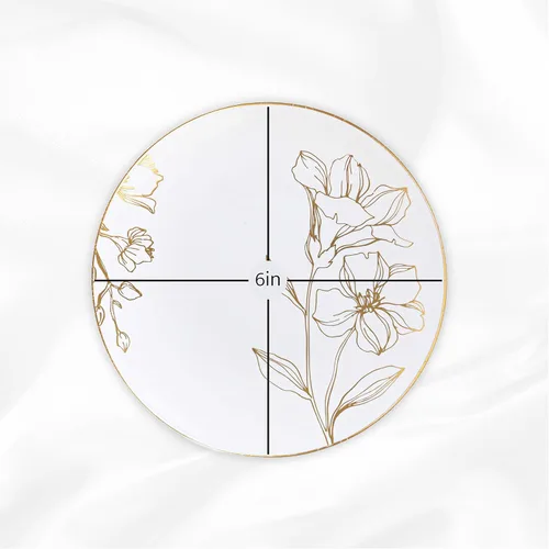 Vista 3 de Plasticpro - Platos de fiesta con diseño floral de plástico blanco con borde dorado, platos desechables pesados, elegantes y de alta calidad