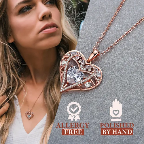 Vista 46 de Collar de cristal de 5 corazones, chapado en oro rosa de 18 quilates, colgante con cadena de plata de ley 925 de 18 + 2 pulgadas, joyería de piedra