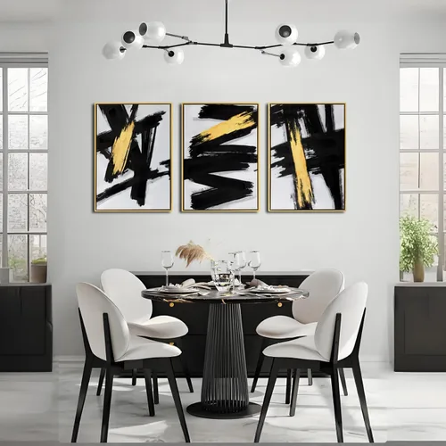 Vista 4 de Sofoney - Lienzo abstracto enmarcado en oro negro y dorado, impresiones artísticas 3D texturizadas con pinceladas negras con lámina dorada