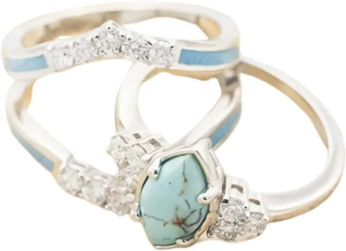 Vista 2 de Pingyongchang Juego de 3 anillos de diamantes turquesa natural, anillos de color plateado para mujer, joyería brillante con piedras preciosas
