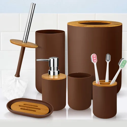 Vista 7 de Juego de 6 accesorios de baño de bambú y plástico, incluye vaso para cepillos de dientes, soporte para cepillos de dientes, dispensador de jabón