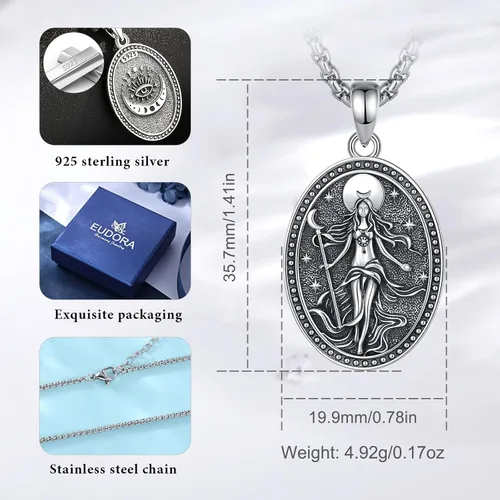 Vista 167 de EUDORA Collar de plata de ley 925 con moneda Hécate, Athena, Perséfono, Nyx, diosa de la luna triple, diosa celta, rueda de Hécate, llave, regalo