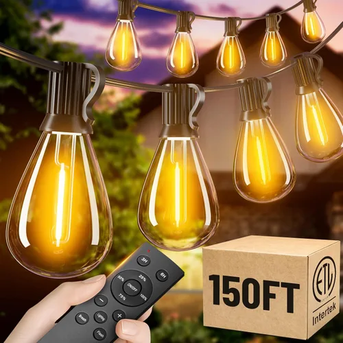 Vista 18 de Jerritte - Cadena de luces LED para exteriores de 60 pies con 16+1 bombillas Edison inastillables IP65 impermeables, 2700K regulables, luces