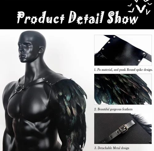 Vista 2 de L'VOW Disfraz de guardias de plumas punk para hombre, ajustable, gótico, de piel sintética, armadura de hombro, vikingo, cosplay para Halloween