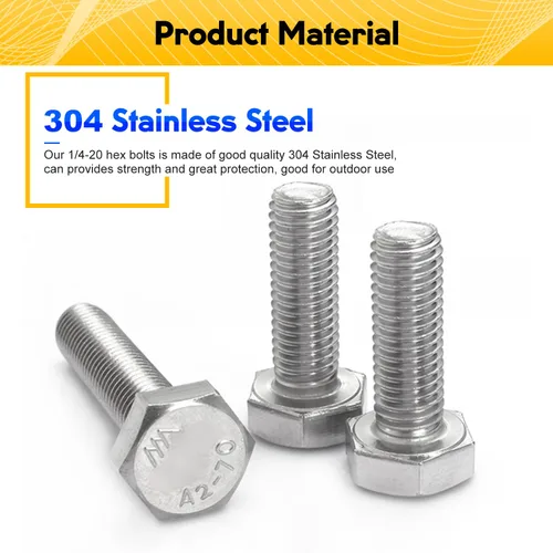 Vista 3 de 20 piezas de pernos hexagonales de 1/4-20 x 2, tornillos de tapa hexagonal de 1/4"-20, acero inoxidable 304, 5.1 cm completamente roscados, tornillo