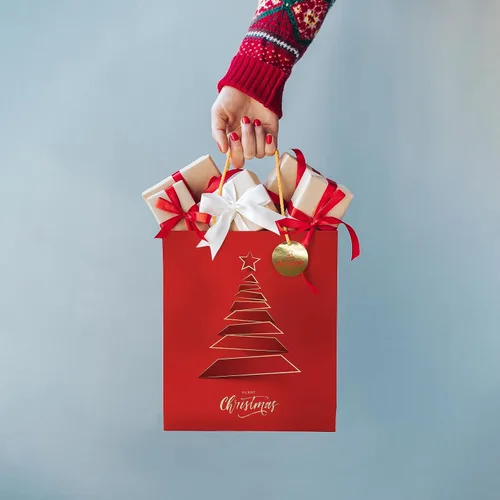 Vista 5 de easykart labels 12 bolsas de regalo de Navidad, rojo y verde metálico y acabado de textura con árbol de Navidad dorado y brillante, varios tamaños