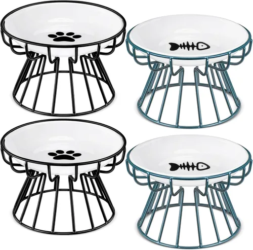 Vista 11 de Roshtia 4 juegos de cuencos elevados de cerámica para gatos con soporte de metal, platos aptos para lavavajillas, platos elevados antideslizantes
