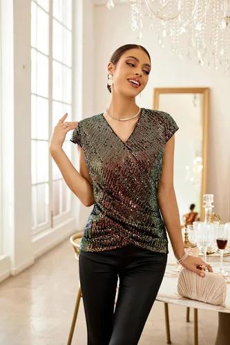 Vista 3 de GRACE KARIN Blusa de lentejuelas brillantes para mujer, blusa con purpurina brillante, cuello en V, manga casquillo, camisa de fiesta para club