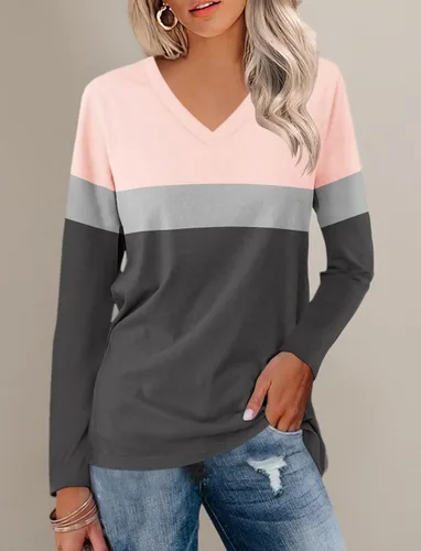 Vista 7 de Minetom Camisetas de manga larga con cuello en V para mujer, estilo casual, bloque de color/sólido, camisetas básicas