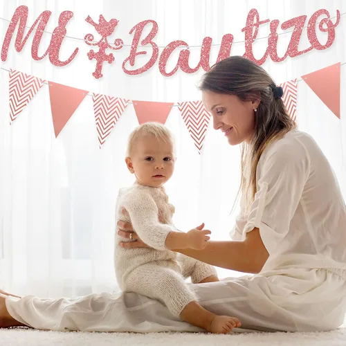 Vista 6 de Mi Bautizo Banner para pastel con purpurina cruzada triangular, pancarta de bautizo rosa, telón de fondo para decoración de primera comunión