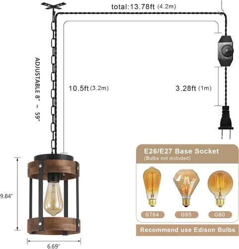 Vista 4 de Lámpara Colgante Rústica de Granja con Enchufe con Cadena Ajustable, Interruptor Regulable, Jaula de Tambor de Madera de Roble y Metal, Mini Lámpara