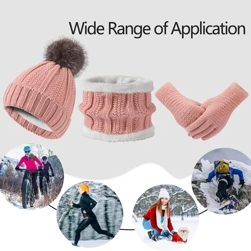 Vista 7 de Conjunto de bufanda de invierno para mujer, gorro de forro polar, bufandas para pantalla táctil, 3 en 1