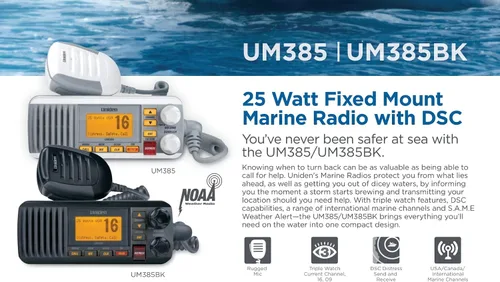 Vista 3 de Uniden UM385BK Radio VHF Marina de Montaje Fijo de 25 Vatios, Impermeable, Alerta Meteorológica NOAA, Todos los Canales Marinos