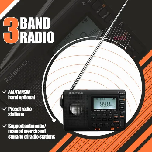 Vista 3 de Retekess Radio de onda corta V115, Radio Digital AM FM, receptor de onda corta con batería recargable de 1000 mAh, preajustes, reproducción
